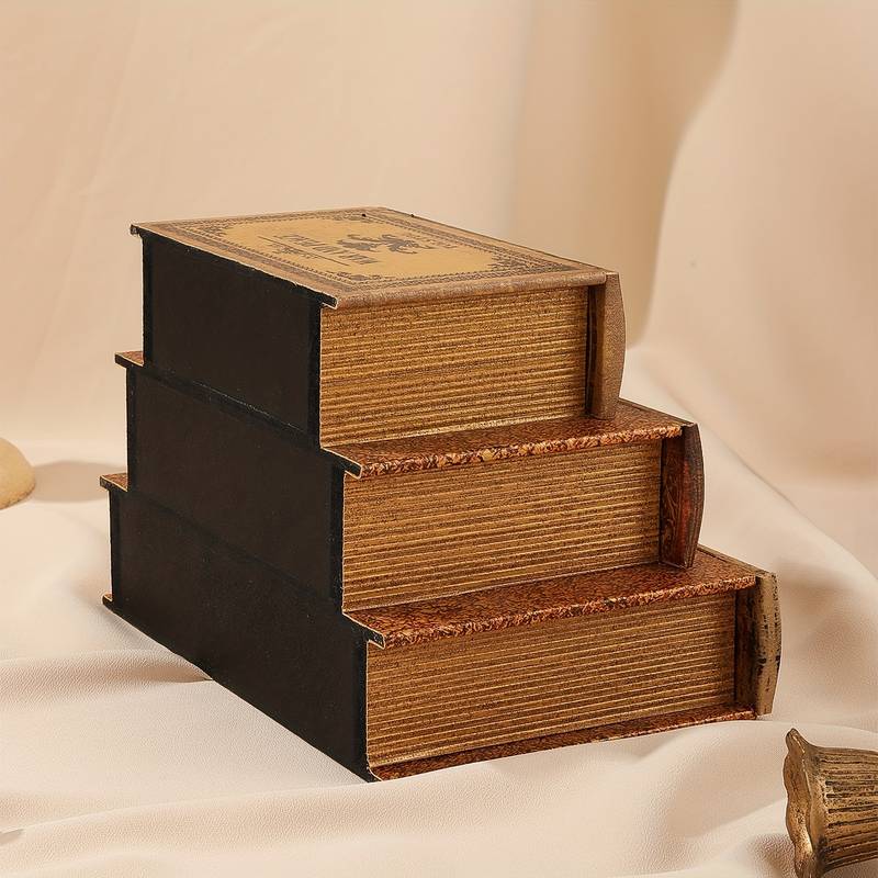 3 layer Book Shaped Storage Box Pu Wooden Storage Box Retro - Temu
